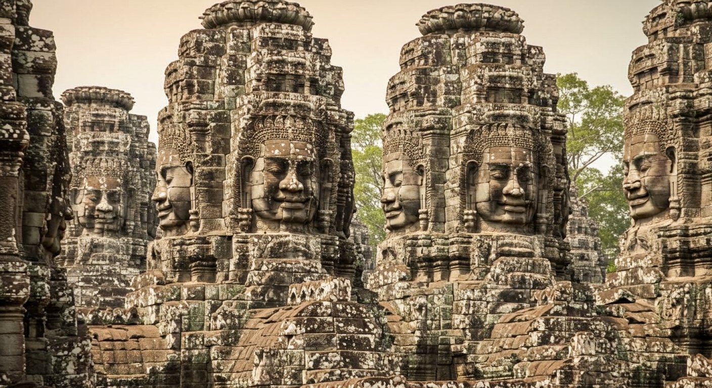 The iconic smiling faces of Bayon Temple within Angkor Thom, a key highlight of any Angkor Wat itinerary. Photorealistic.