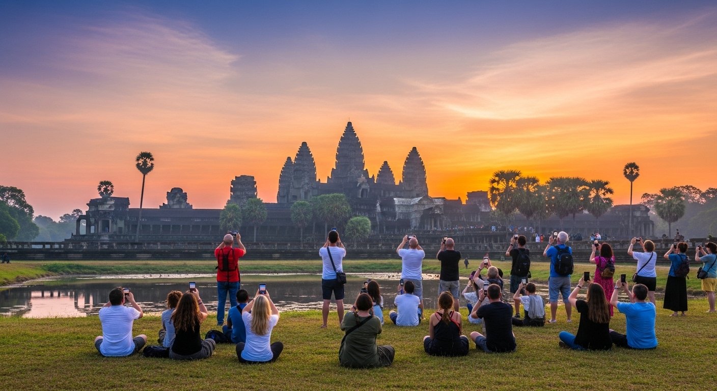 Tourists capturing the iconic sunrise over Angkor Wat, a truly unforgettable highlight for any Angkor Wat travel destination experience.