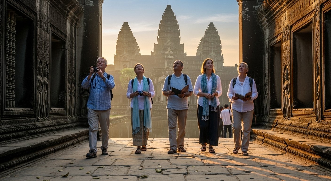 Tourists respectfully dressed, covering shoulders and knees, exploring Angkor Wat, illustrating Angkor Wat first visit tips, photorealistic.