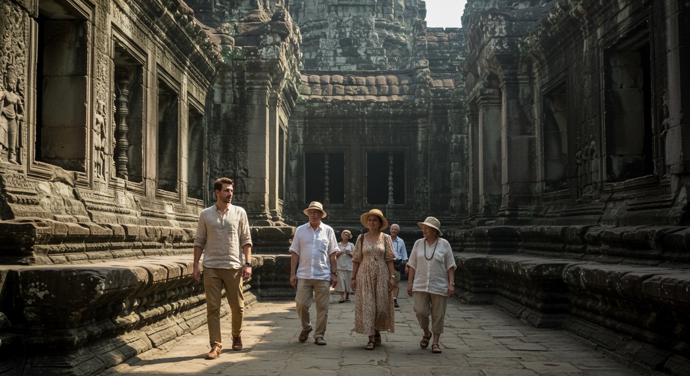 Tourists respectfully dressed, exploring a temple interior at Angkor Wat, showing appropriate attire for an Angkor Wat itinerary. Photorealistic.