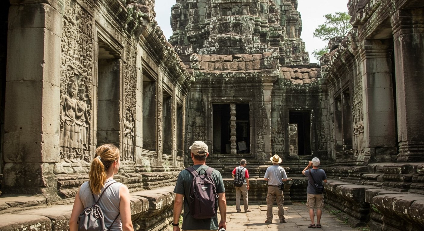 Travelers exploring the intricate carvings inside Angkor Wat during a 1-day Angkor Wat itinerary, capturing the detail and scale. Photorealistic.