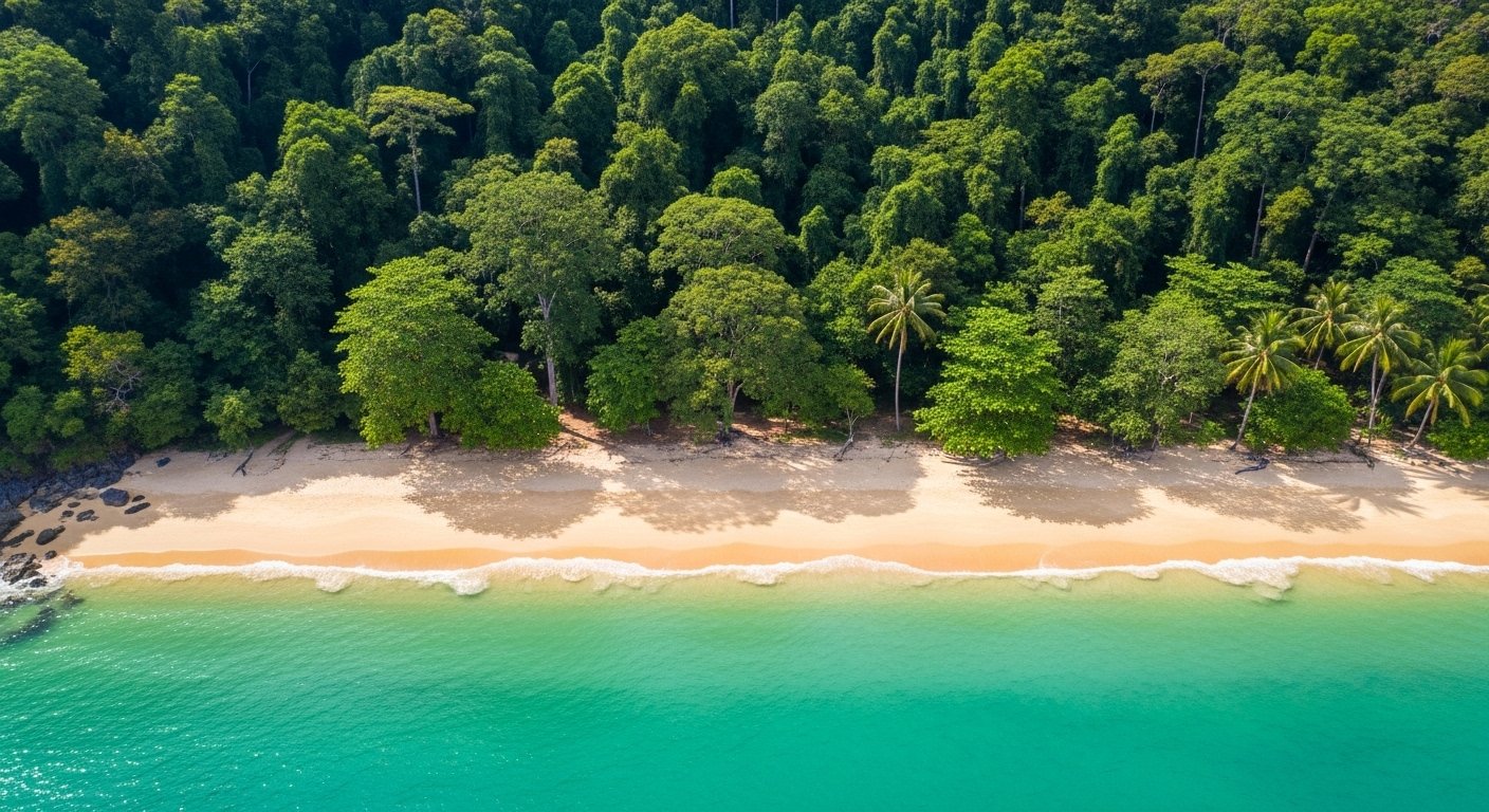 A beautiful aerial view of a secluded, pristine beach on one of the Must-Visit Cambodian Islands, with clear turquoise water and lush green jungle, no crowds. Focus on natural beauty.