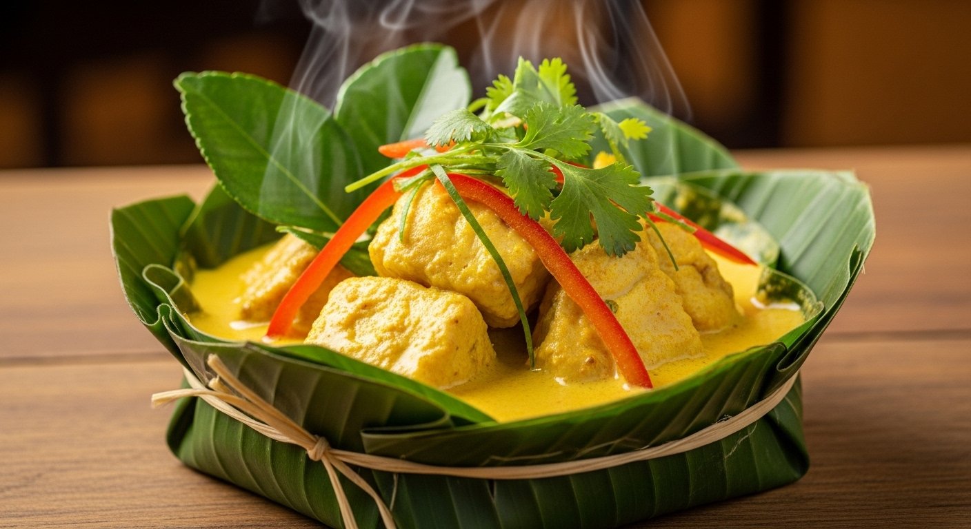 A beautifully presented Fish Amok, steamed in a banana leaf cup, with creamy yellow curry, fish, and red bell pepper strips, garnished with fresh herbs. Cambodia must-try food.