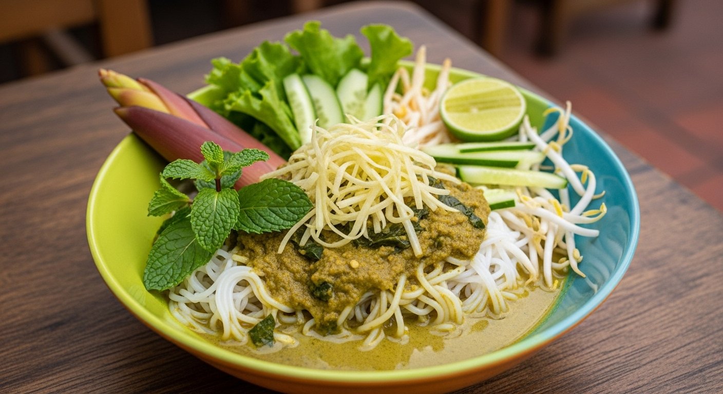 A bowl of Nom Banh Chok, fresh rice noodles topped with a green fish-based curry gravy, shredded banana blossom, mint, and other fresh vegetables. Cambodia must-try food.
