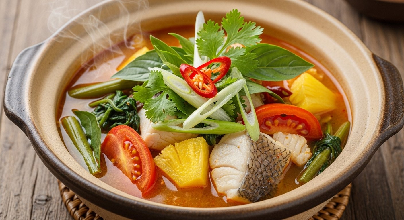 A bowl of Samlor Machu Trey, a vibrant Cambodian sour fish soup with pineapple, tomatoes, and other vegetables, garnished with fresh herbs. Cambodia must-try food.