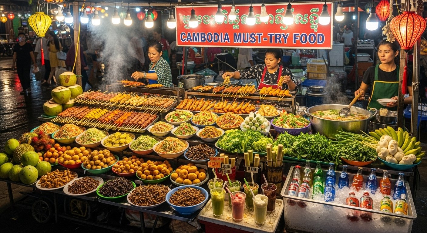 A bustling Cambodian street food stall at night, showcasing various snacks, grilled items, and drinks under warm lights. Cambodia must-try food.