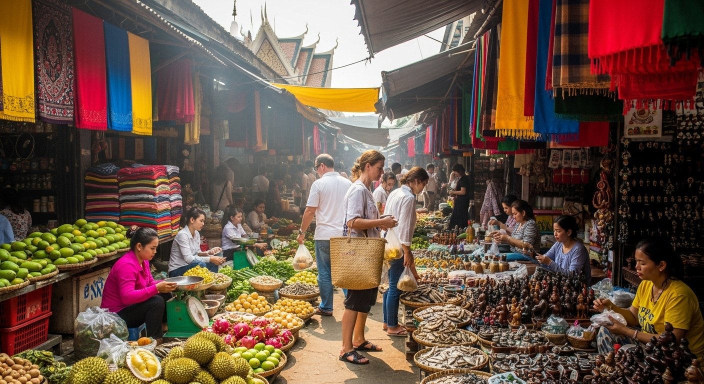 A bustling, colorful outdoor market scene in Cambodia with many people and various local goods, capturing the essence of Markets to Explore in Cambodia.