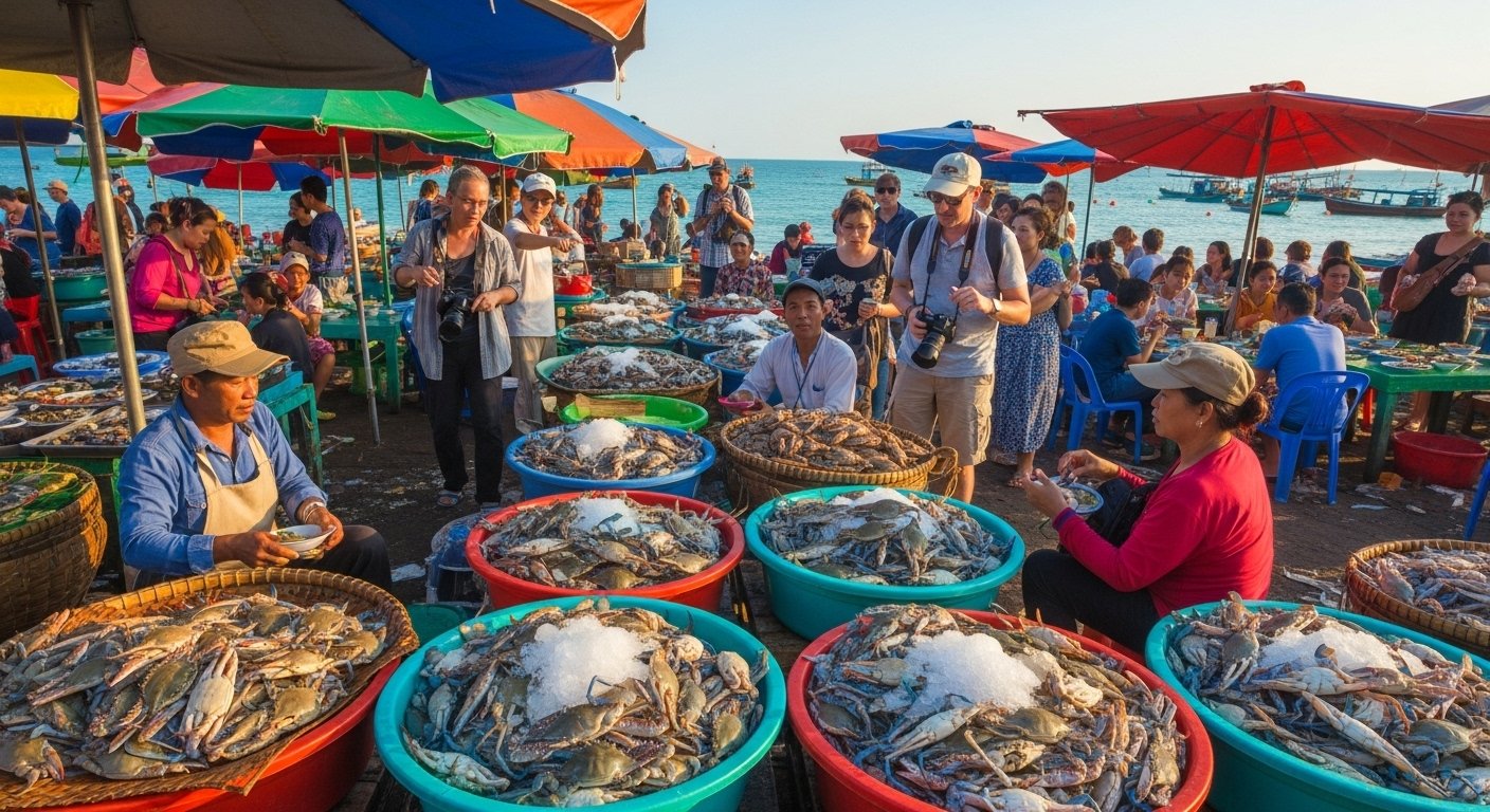 A bustling scene at the Kep Crab Market with vendors selling fresh Blue Swimmer Crabs and tourists enjoying the atmosphere, capturing the essence of a Kep Coast and Crab Market Exploration Guide.