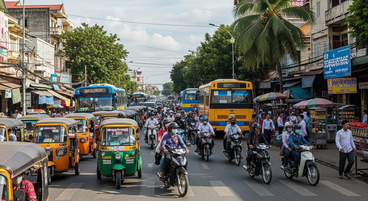 A bustling street scene in Phnom Penh, Cambodia, showcasing various modes of transport including tuk-tuks, motorbikes, and buses, illustrating how to travel around Cambodia.