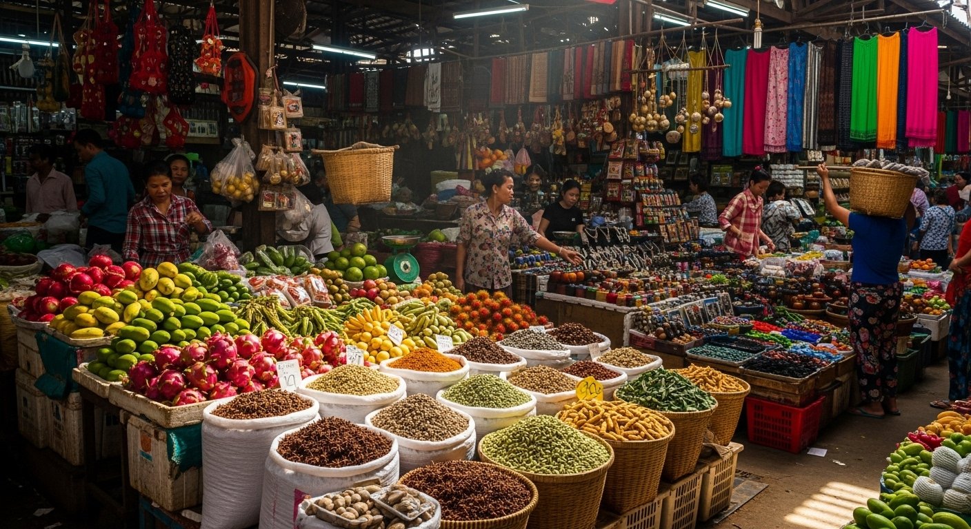 A busy scene inside Old Market Siem Reap, featuring stalls with fresh produce, spices, and traditional goods, showcasing the Markets to Explore in Cambodia.