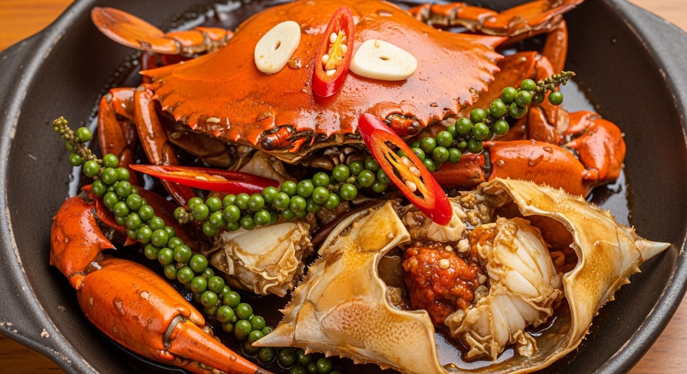 A close-up of a Kampot Pepper Crab dish, featuring a whole stir-fried crab coated in a rich, dark sauce with fresh green Kampot peppercorns. Cambodia must-try food.