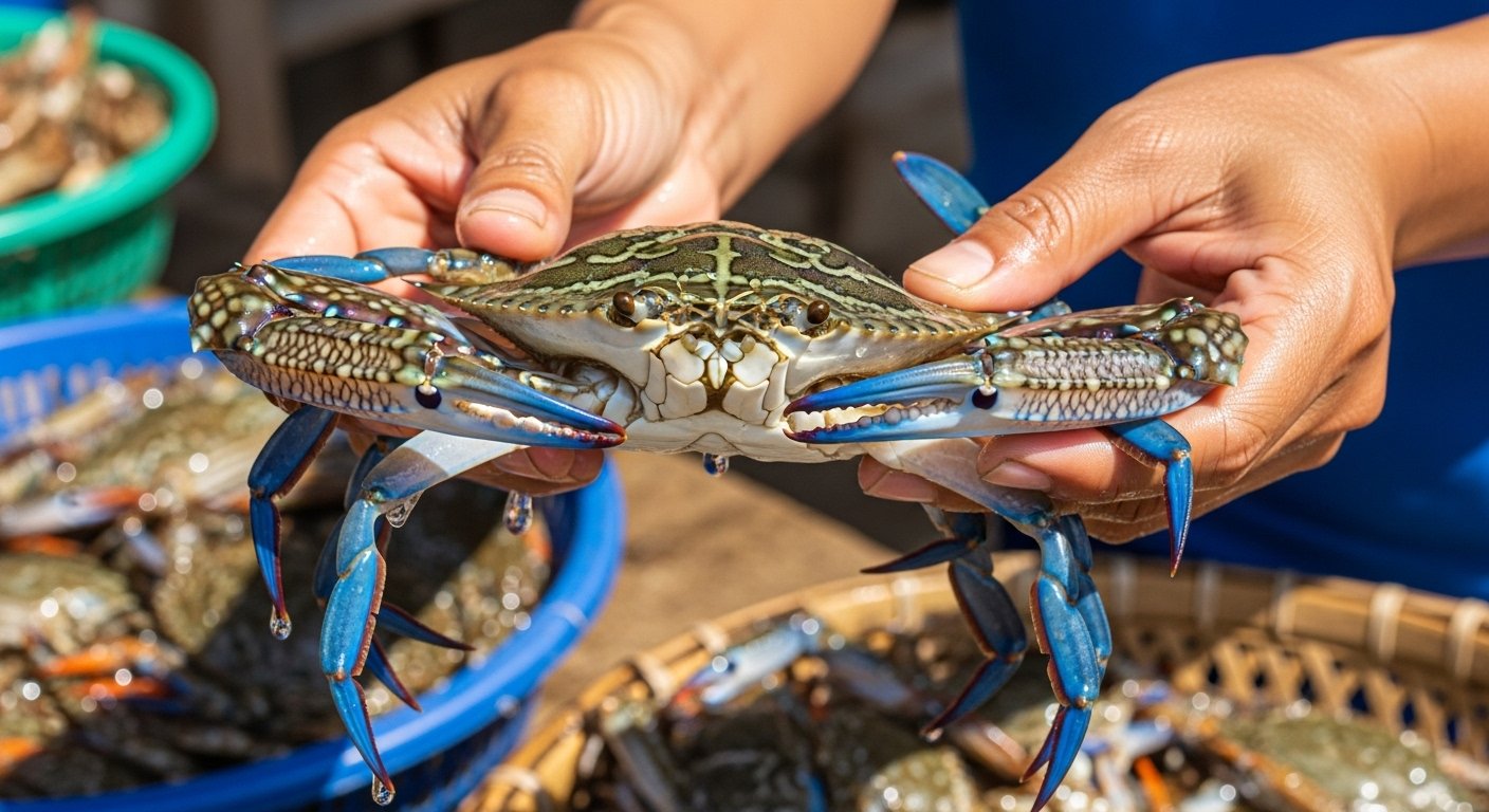 A close-up of a vendor holding a live Blue Swimmer Crab at the Kep Crab Market, emphasizing the freshness for a Kep Coast and Crab Market Exploration Guide.