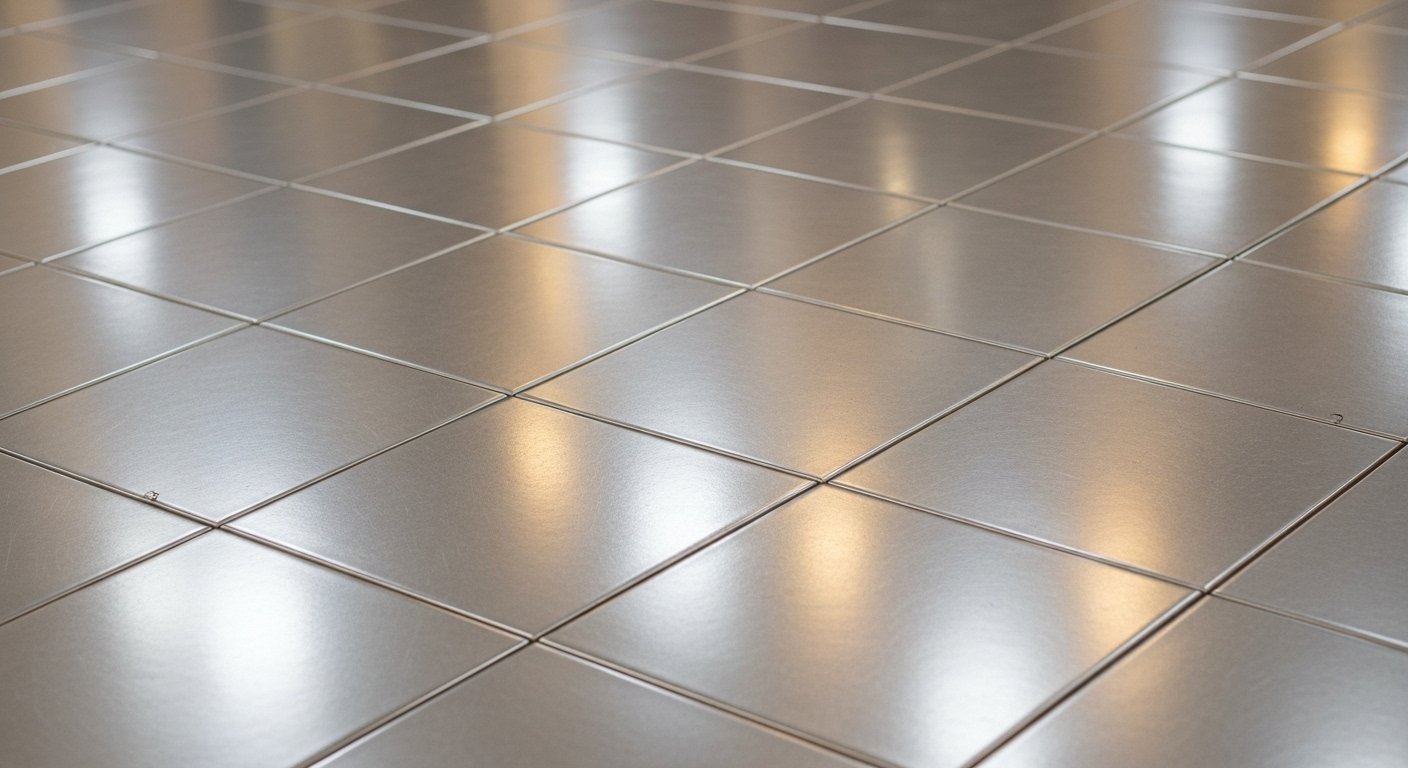 A close-up view of the gleaming silver tiles on the floor of the Silver Pagoda inside the Phnom Penh Royal Palace, with the light reflecting off their polished surfaces, conveying their weight and beauty.