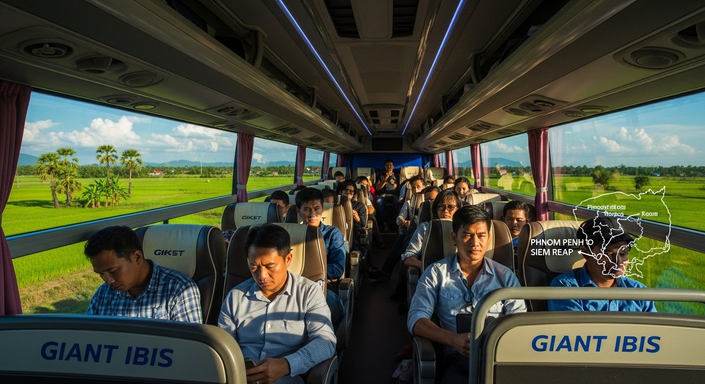 A comfortable, air-conditioned long-distance bus from Giant Ibis traveling between Phnom Penh and Siem Reap, depicting how to travel around Cambodia.