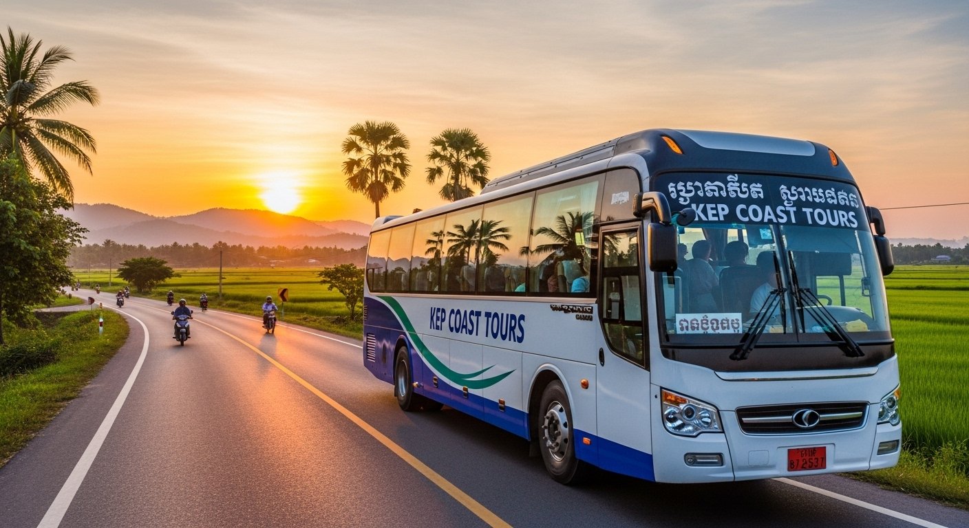 A comfortable bus traveling on a road in Cambodia, with lush green landscapes in the background, illustrating the journey aspect of a Kep Coast and Crab Market Exploration Guide.