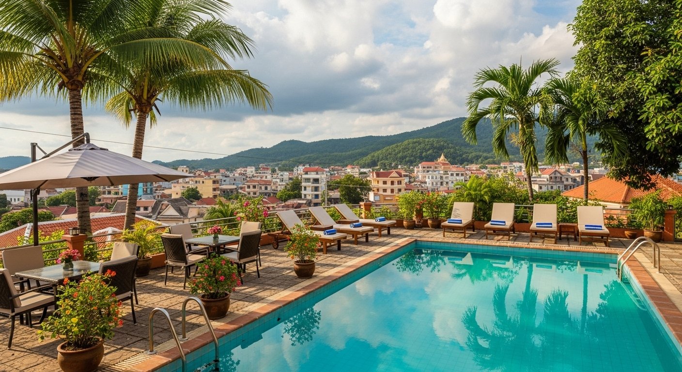 A comfortable mid-range hotel in Koh Kong City, featuring a clean swimming pool and outdoor seating area, with a view of the city and surrounding greenery, exemplifying Koh Kong accommodation.