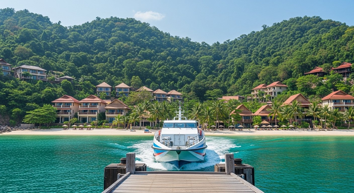 A fast ferry approaching the Saracen Bay pier, with a backdrop of lush green hills and charming Koh Rong Samloem beachfront hotels. The sky is bright and blue.
