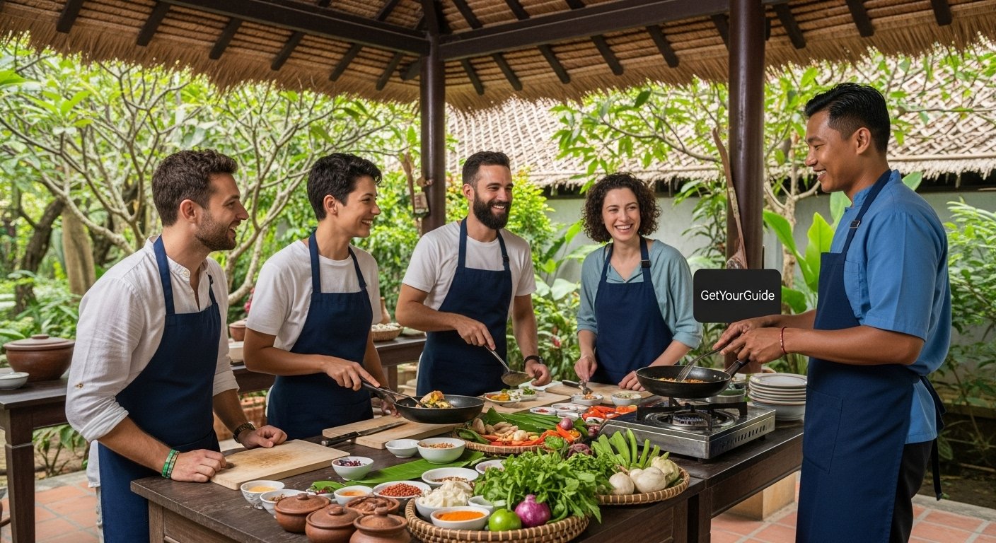 A group enjoying a GetYourGuide Cambodia activity, perhaps a cooking class, illustrating how to book tours activities Cambodia for cultural immersion. Photorealistic.