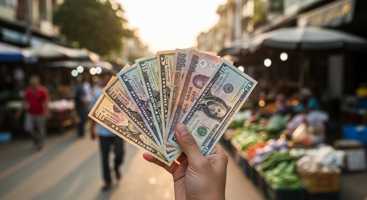 A hand holding a mix of US Dollar bills and Cambodian Riel, with a bustling Cambodian market street in the background, illustrating Cambodia travel tips on currency.