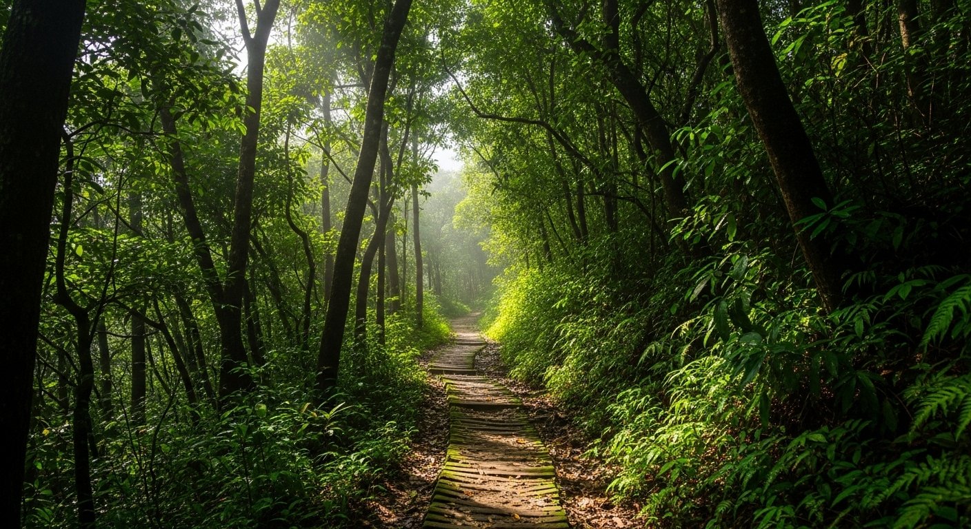 A hiking trail winding through the dense, lush forest of Preah Monivong Bokor National Park on Bokor Mountain Kampot, with dappled sunlight filtering through the canopy.