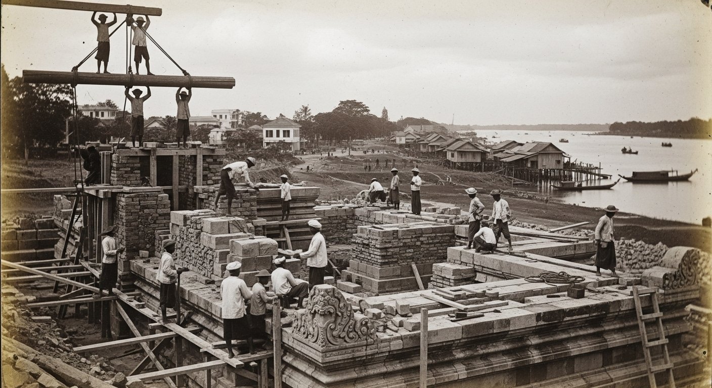 A historical photograph or artistic rendering depicting the early construction phases of the Phnom Penh Royal Palace, with traditional Khmer builders at work and the initial structures taking shape against a developing riverside city.