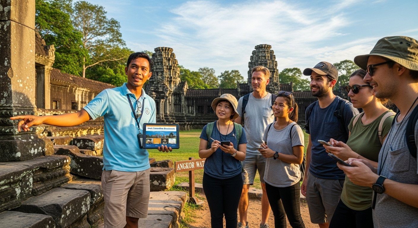 A local Cambodian tour guide interacting with a small group of tourists near ancient temple ruins, demonstrating how to book tours activities Cambodia with local experts. Photorealistic.