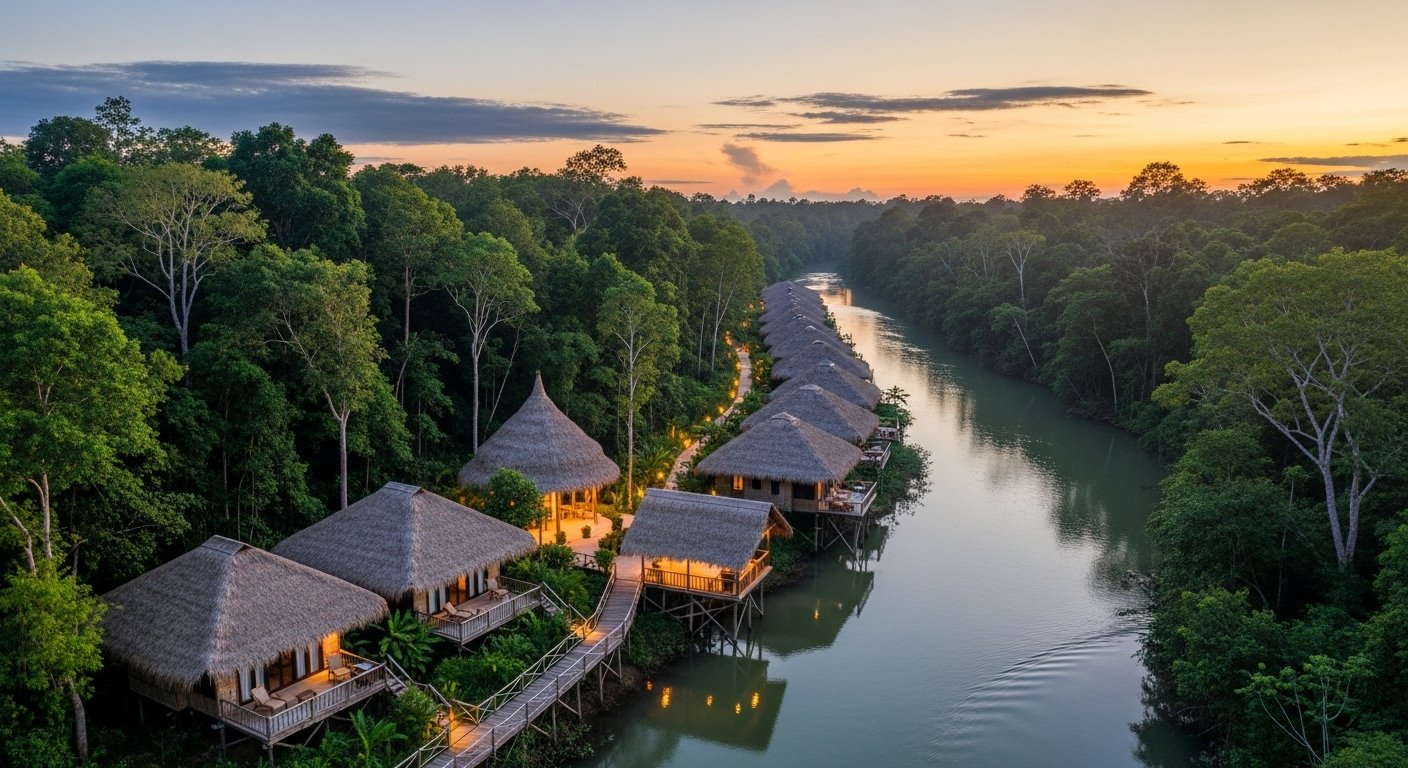 A luxurious eco-lodge in Tatai, Koh Kong accommodation, with individual bungalows overlooking a calm river, surrounded by lush green jungle at sunset.