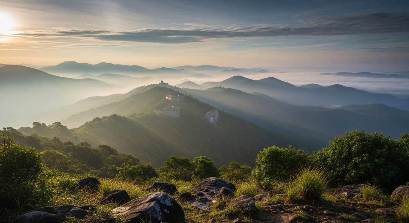A misty, panoramic view of Bokor Mountain Kampot, showing the sprawling landscape of Preah Monivong National Park with hints of historical buildings in the distance, bathed in soft morning light.