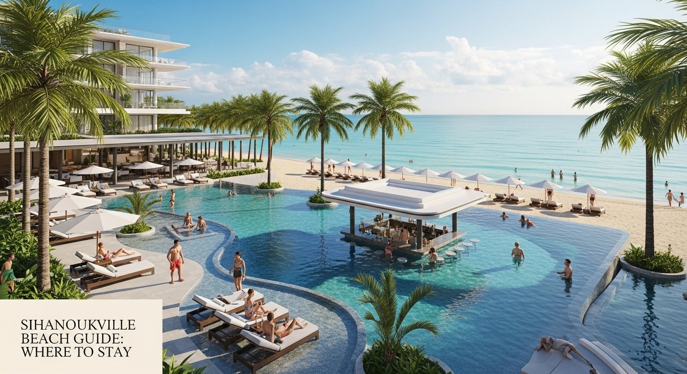 A modern beachfront resort in Sihanoukville, with swimming pools and palm trees, demonstrating where to stay in Sihanoukville beaches for a Sihanoukville beach guide.