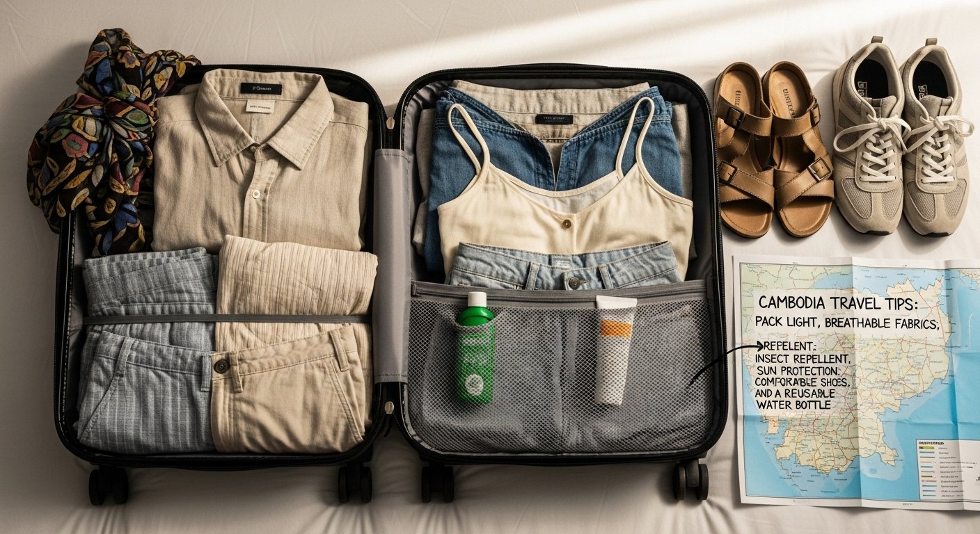 A neatly packed suitcase with light, breathable clothing, a scarf, and comfortable walking shoes, alongside a map of Cambodia, emphasizing Cambodia travel tips for packing.