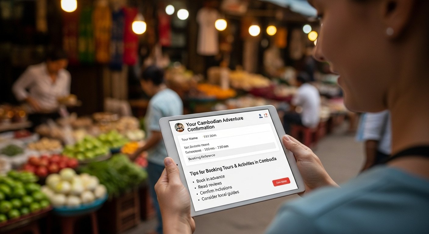 A person checking their tour booking confirmation on a tablet, with a Cambodian market scene in the background, emphasizing tips for how to book tours activities Cambodia. Photorealistic.