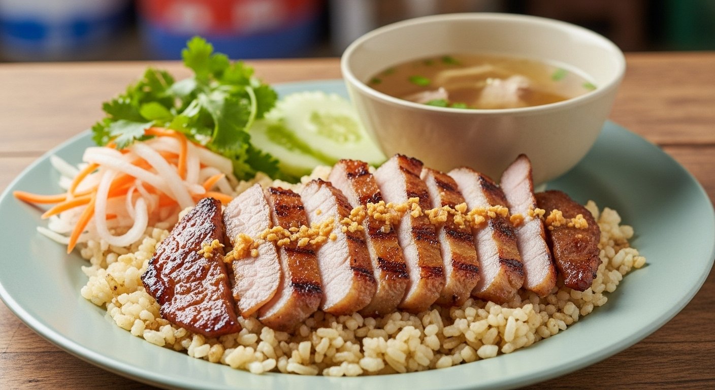 A plate of Bai Sach Chrouk, grilled thinly sliced pork marinated in coconut milk and garlic, served over broken rice with a side of pickled vegetables and a small bowl of clear broth. Cambodia must-try food.