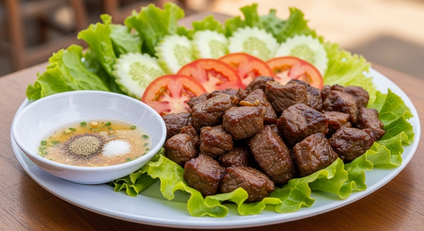 A plate of Beef Lok Lak, featuring cubes of stir-fried beef served on a bed of fresh lettuce, tomatoes, and cucumber, accompanied by a dipping sauce of lime juice, Kampot pepper, and salt. Cambodia must-try food.