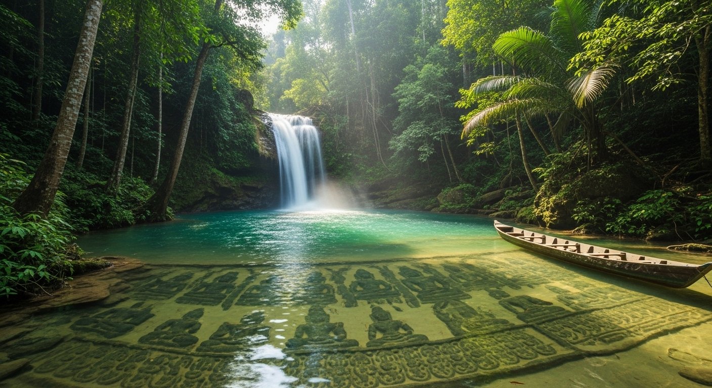 A pristine waterfall cascading into a clear pool in a lush Cambodian jungle, embodying the concept of Cambodia hidden waterfalls.