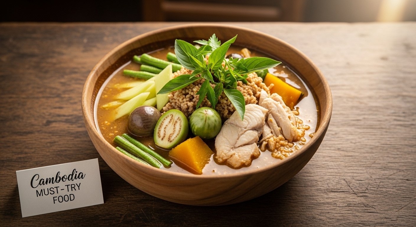 A rustic bowl of Samlor Korkor, a thick, nutritious Cambodian national soup with mixed vegetables, fish or chicken, and roasted rice powder, garnished with fresh herbs. Cambodia must-try food.