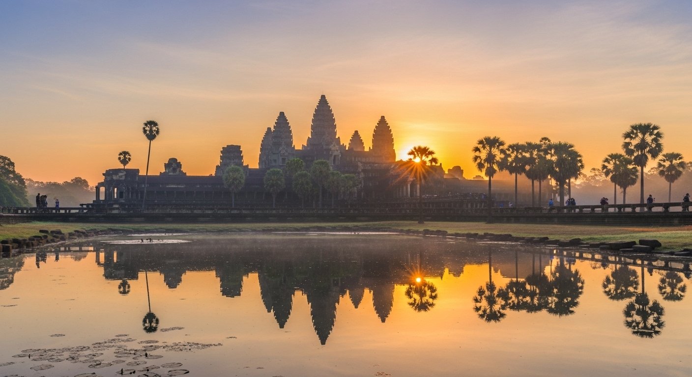 A scenic view of Angkor Wat at sunrise, with clear skies and a comfortable temperature, showcasing the best time to travel Cambodia.