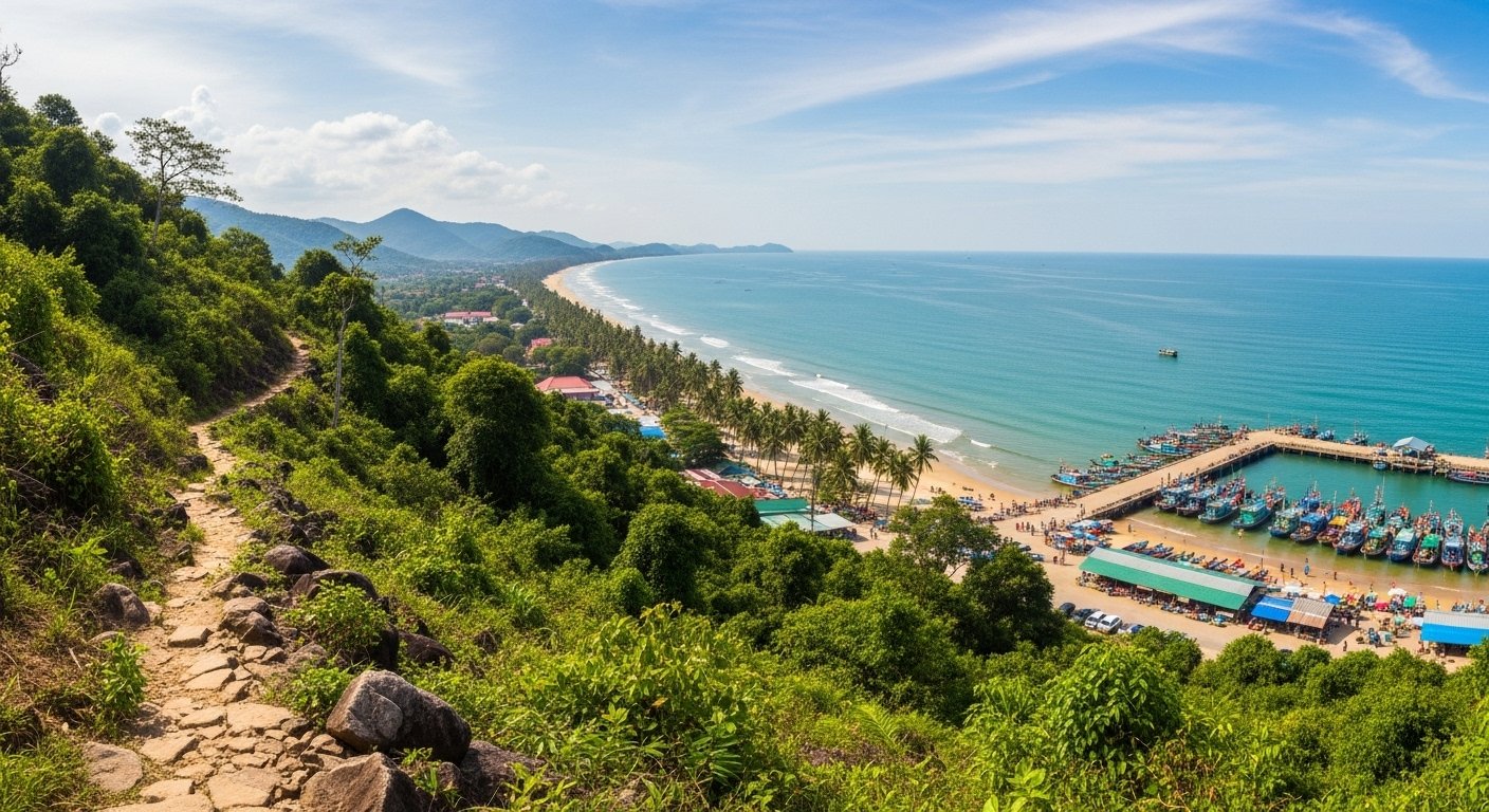 A scenic view of Kep National Park with hiking trails and panoramic coastal views, showcasing the natural beauty of a Kep Coast and Crab Market Exploration Guide.