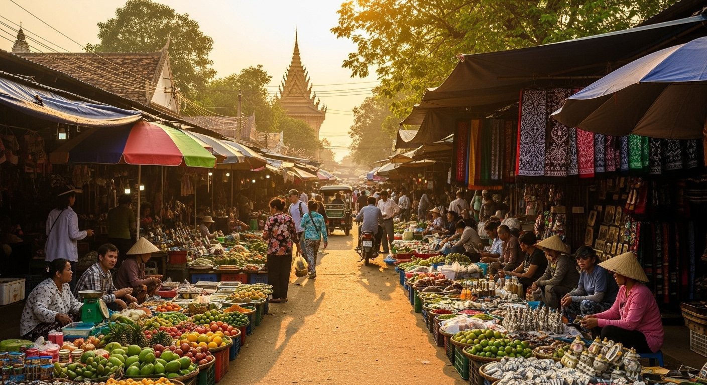 A scenic view of Siem Reap, with a bustling market area in the foreground and a hint of traditional Cambodian architecture, representing Markets to Explore in Cambodia.