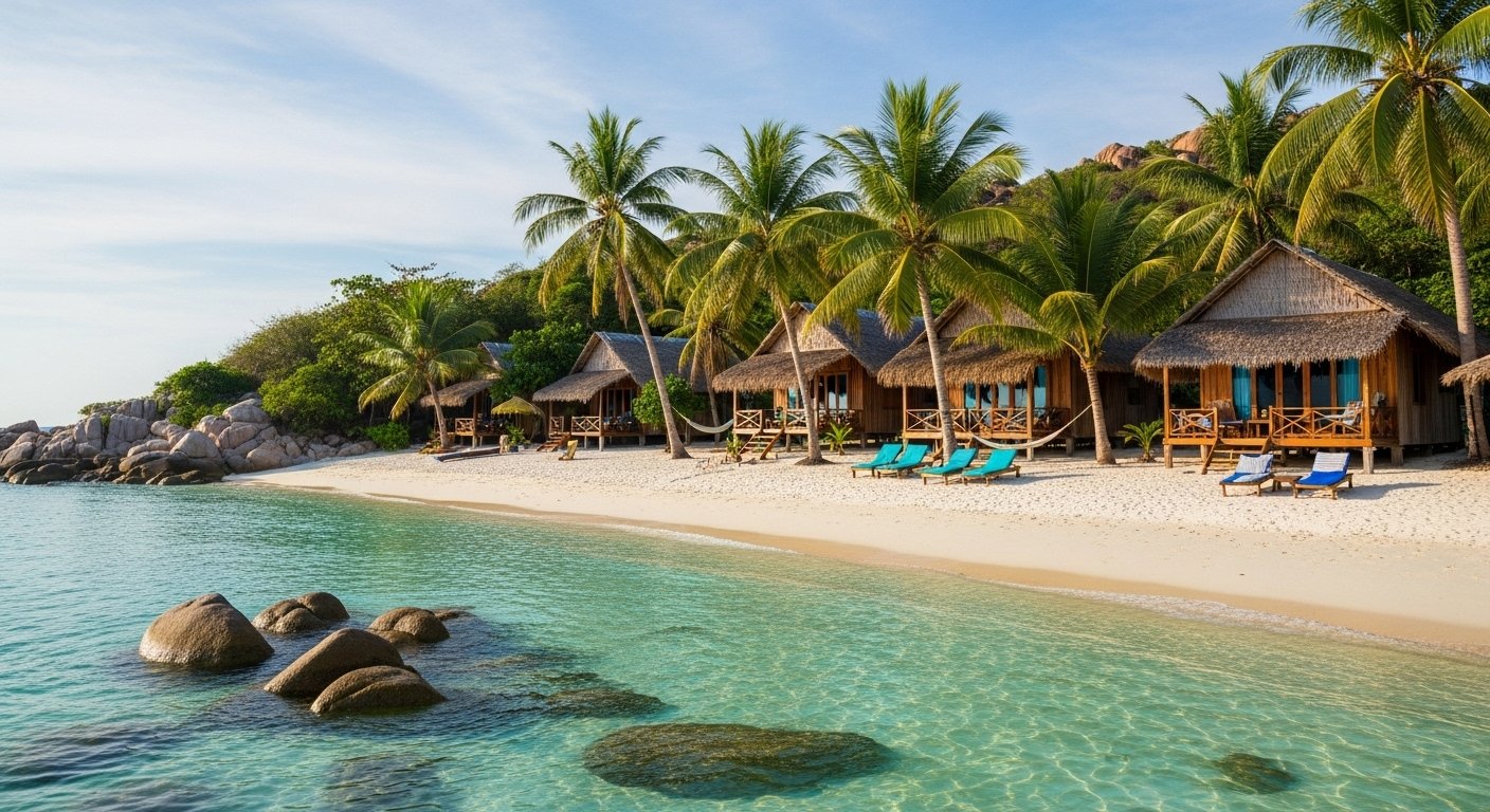 A serene beach scene on Koh Tonsay (Rabbit Island) with clear water and bungalows, representing a tranquil escape during a Kep Coast and Crab Market Exploration Guide.