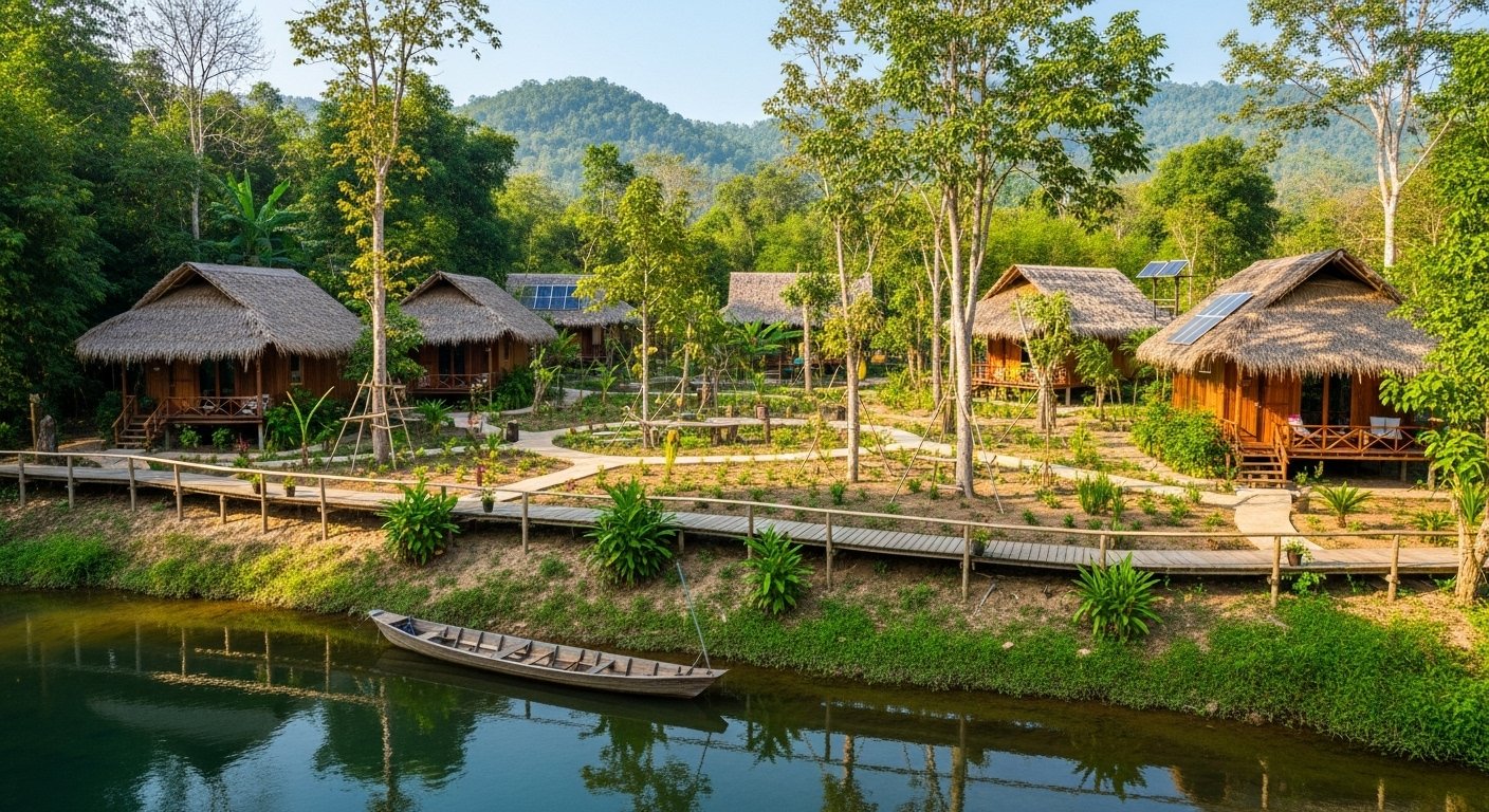 A serene Koh Kong eco lodge nestled in the Cardamom Mountains, with wooden bungalows and a clear river flowing nearby, showcasing sustainable Koh Kong accommodation.