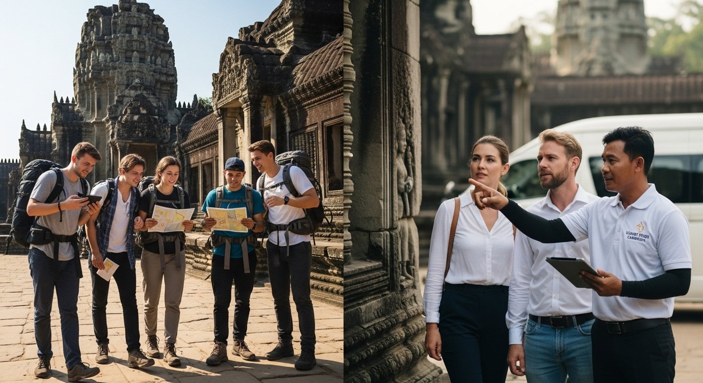A small group on a budget Cambodia tour exploring a temple, juxtaposed with a couple on a private tour with a guide, illustrating how to book tours activities Cambodia for different budgets. Photorealistic.