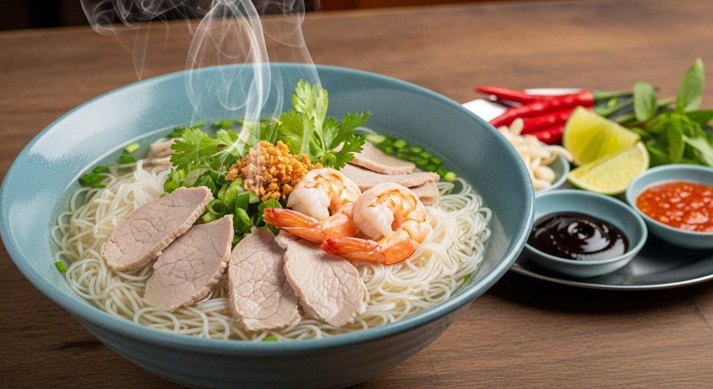 A steaming bowl of Kuy Teav, Cambodian noodle soup with clear pork broth, rice vermicelli, slices of pork, shrimp, and fresh herbs, served with condiments on the side. Cambodia must-try food.
