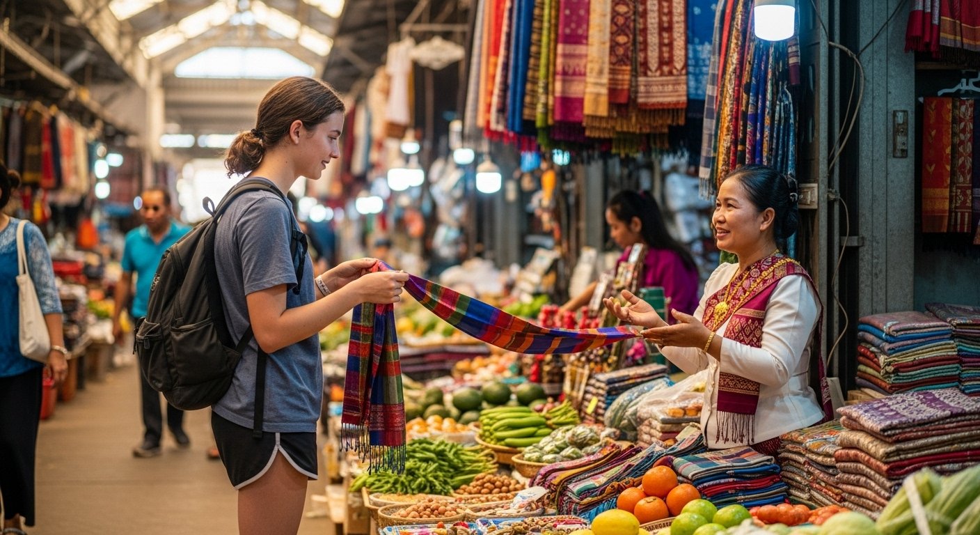 A student politely bargaining with a vendor over a silk scarf in a bustling, well-lit market in Cambodia, highlighting the interactive aspect of Markets to Explore in Cambodia.