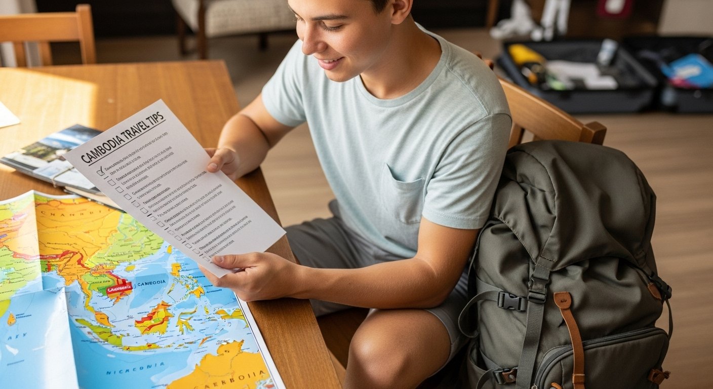A student traveler reviewing a checklist of Cambodia travel tips with a map of Southeast Asia in the background, a backpack nearby, bright and informative.