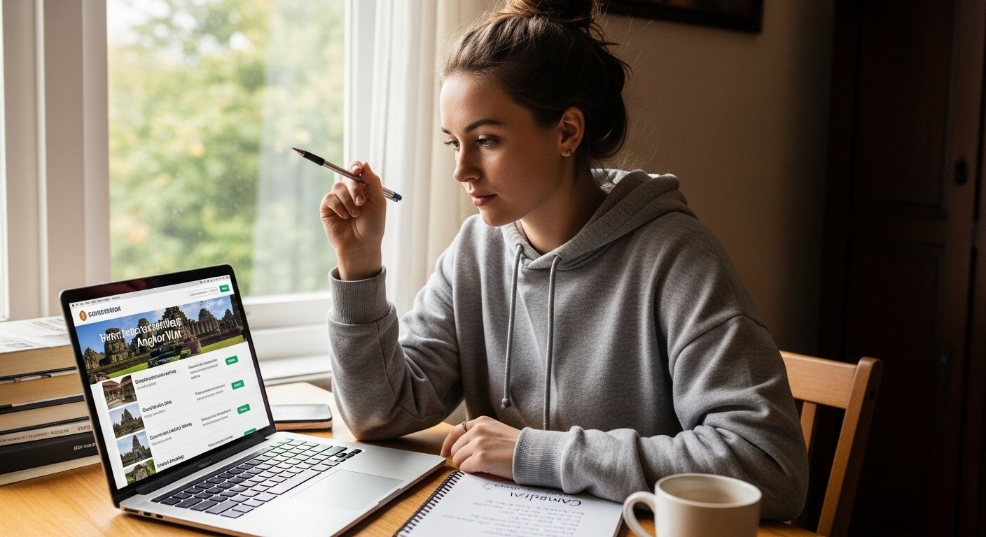 A student using a laptop to research and compare options for how to book tours activities Cambodia, focusing on early booking benefits. Photorealistic.
