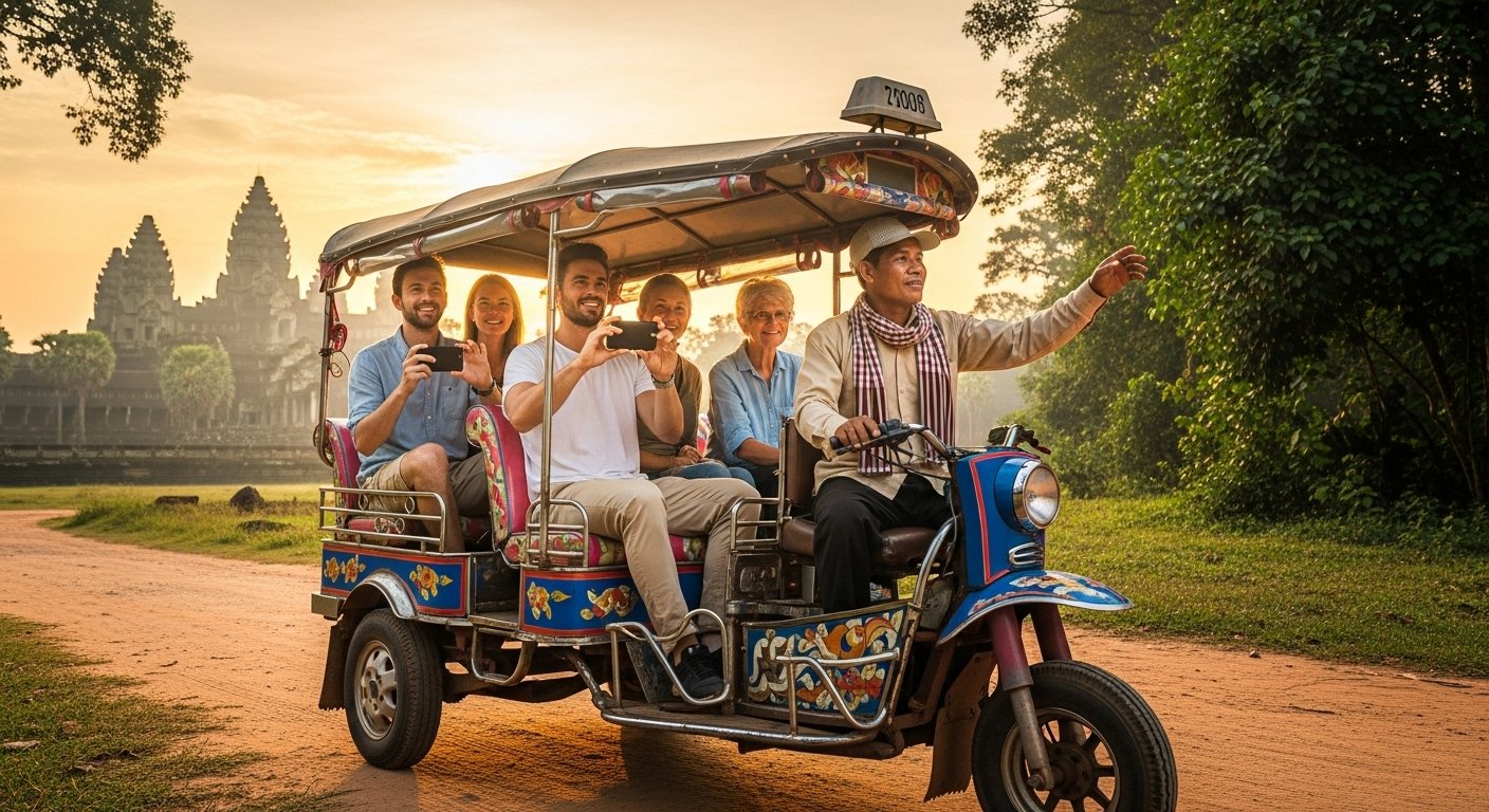 A traditional Cambodian tuk-tuk carrying tourists near Angkor Wat in Siem Reap, demonstrating a popular way how to travel around Cambodia.