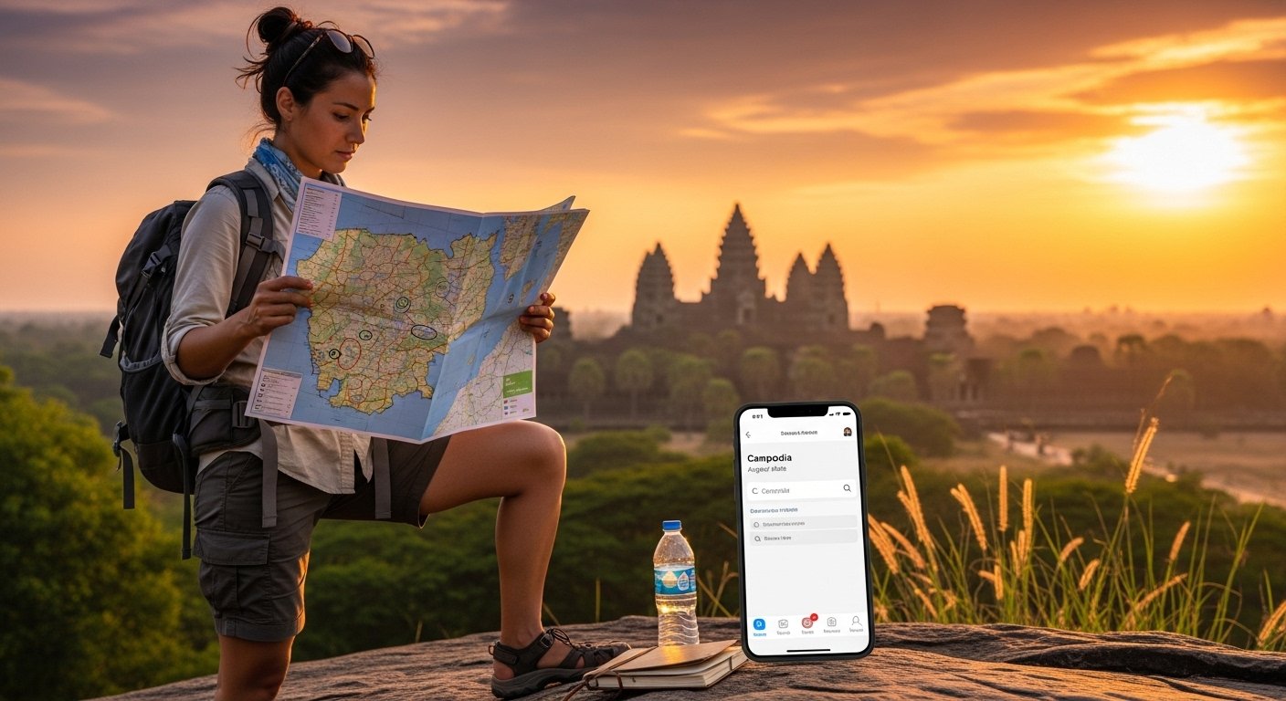 A traveler looking at a map and a phone, planning how to book tours activities Cambodia, with Angkor Wat in the background at sunset. Photorealistic.