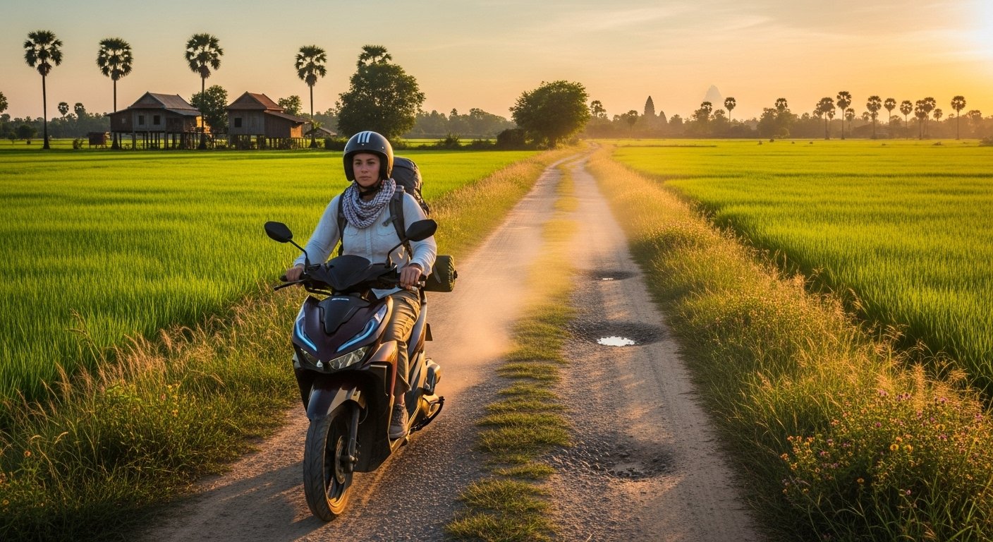 A traveler riding a rented scooter through the countryside outside Siem Reap, Cambodia, highlighting an adventurous way how to travel around Cambodia.