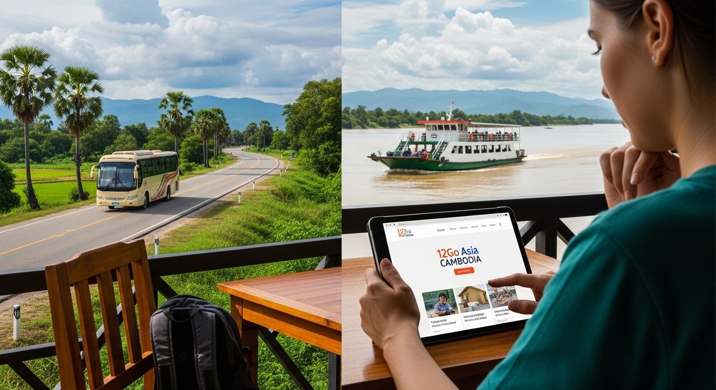 A traveler using 12Go Asia Cambodia to plan transport and how to book tours activities Cambodia, showing a bus or ferry in a scenic Cambodian landscape. Photorealistic.