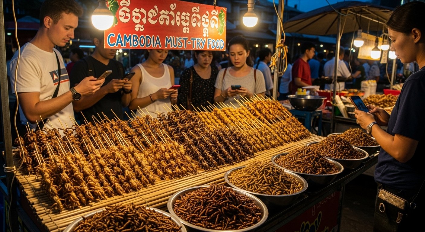 A vendor stall displaying various fried insects on skewers and in bowls, including tarantulas, crickets, and silkworms, with tourists observing. Cambodia must-try food.